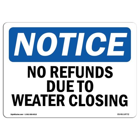 SIGNMISSION OSHA Notice Sign, 18" Height, Rigid Plastic, No Refunds Due To Weather Closing Sign, Landscape OS-NS-P-1824-L-14772